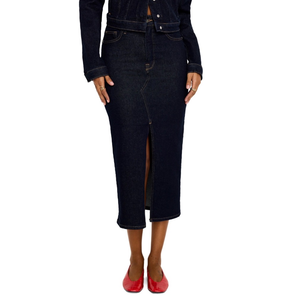 Good American Slit Front Midi Denim Skirt Indigo Dark Wash Size 2 26 GFD029 NEW